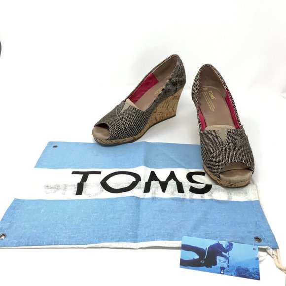 Toms Toe Peep Wedges Classics Metallic Tweed Sz 7 - Picture 8 of 8